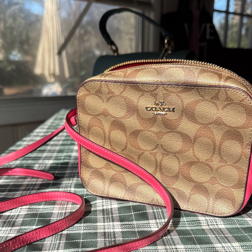 Coach Signature Tan Crossbody Bag with Pink Trim